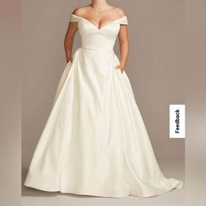 David's Bridal Off Shoulder Satin Gown Ivory Wedding Dress